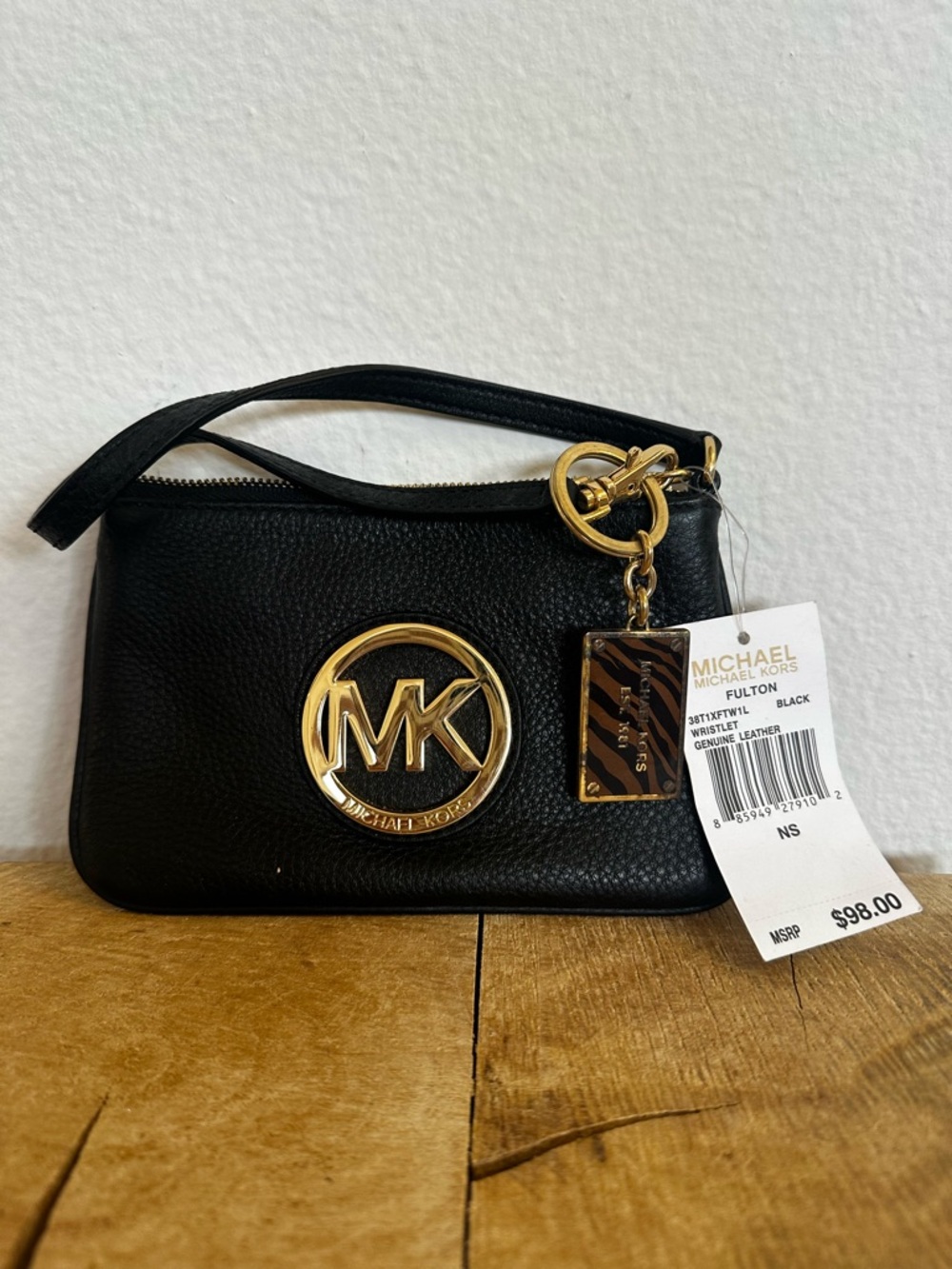 Michael Kors Black Leather Wristlet with Gold MK Emblem